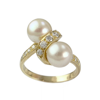 Second-hand gold ring 750 yellow diamonds cultured pearls