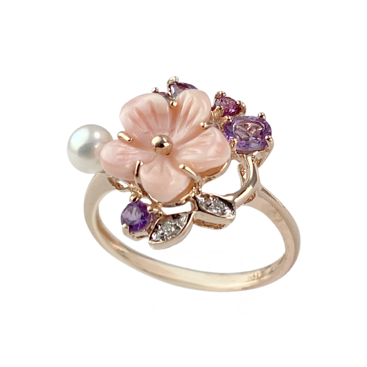 Bague d'occasion or 375 2 tons pierres fines nacre perle diamants