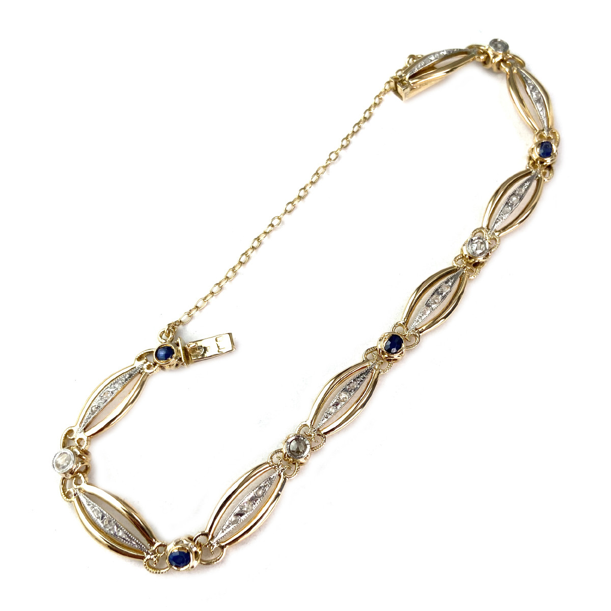 Bracelet d'occasion or 750 2 tons maille fantaisie diamants saphirs 18,5 cm - vue 2