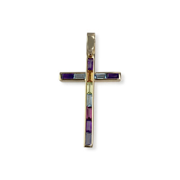 Pendentif croix Guy Laroche d'occasion or 750 jaune améthystes grenat topazes peridot citrine