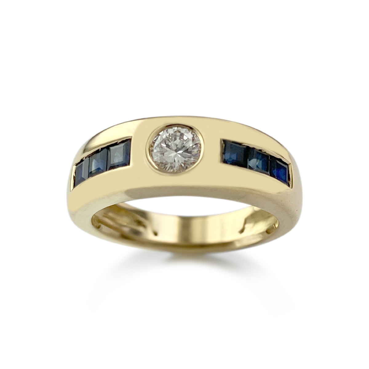 Tweedehands goud 750 gele saffieren diamanten ring
