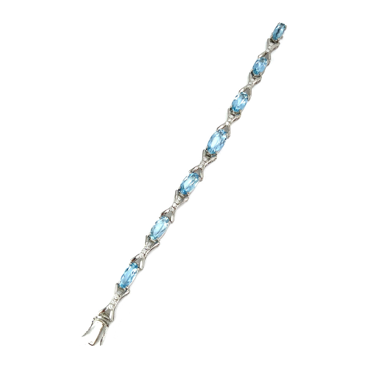 Bracelet d'occasion or 750 blanc maille fantaisie diamants aigues marines 18 cm - vue 2
