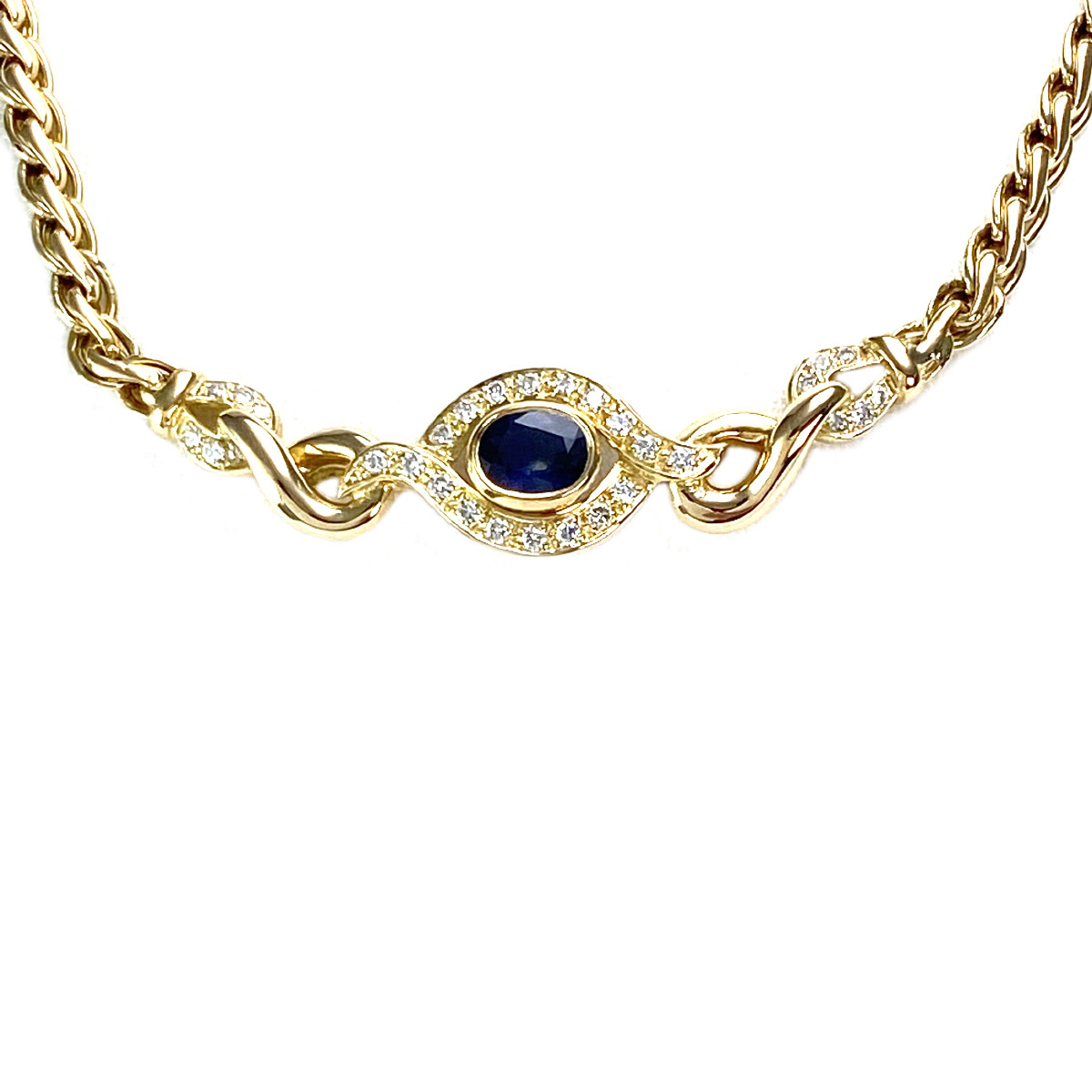 Collier d'occasion or 750 jaune maille fantaisie diamants saphir 38 cm