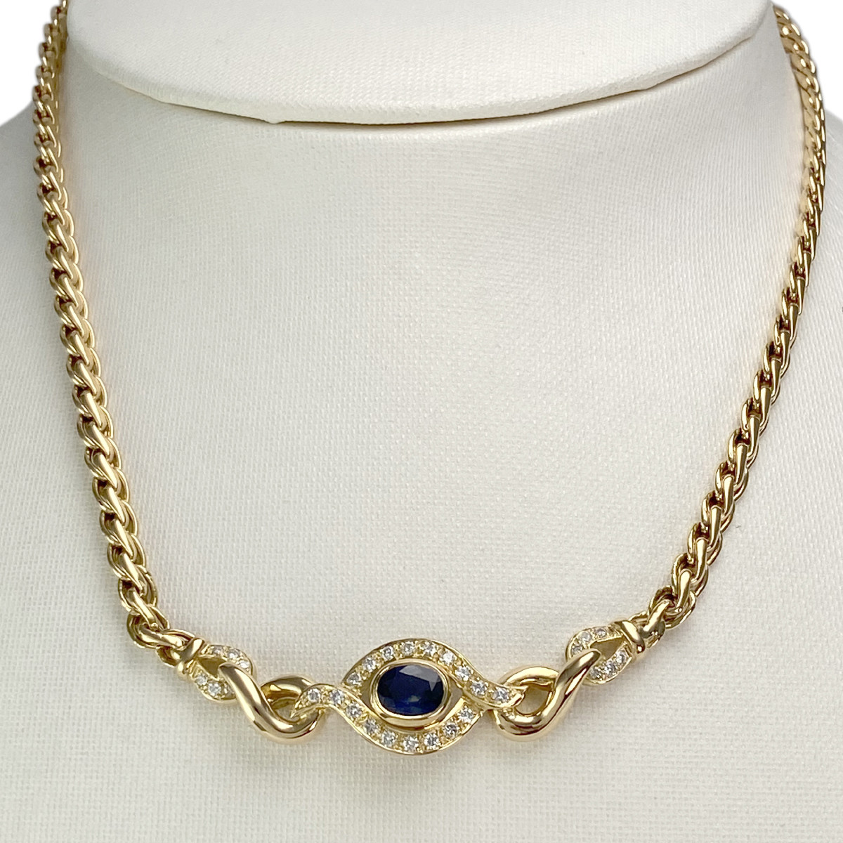 Collier d'occasion or 750 jaune maille fantaisie diamants saphir 38 cm - vue 2