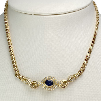 Second-hand necklace 750 yellow gold fancy mesh sapphire diamonds 38 cm