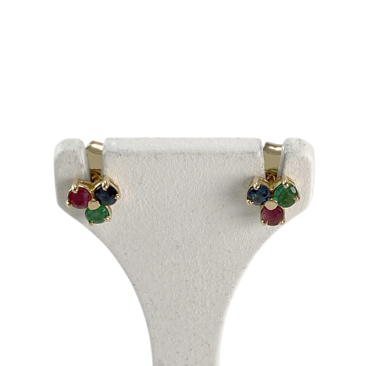 Boucles d'oreilles clous d'occasion or 750 jaune rubis saphirs émeraudes