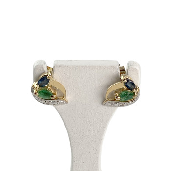 Boucles d'oreilles d'occasion or 750 rhodié 2 tons saphir emeraude diamant