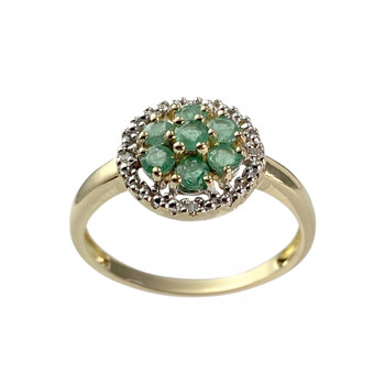 Second-hand gold 750 yellow flower emerald diamonds ring