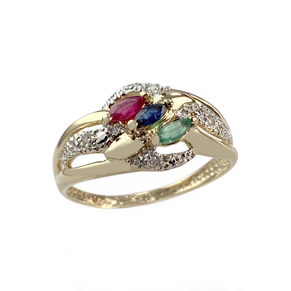 Bague d'occasion or 750 2 tons diamant émeraude saphir rubis