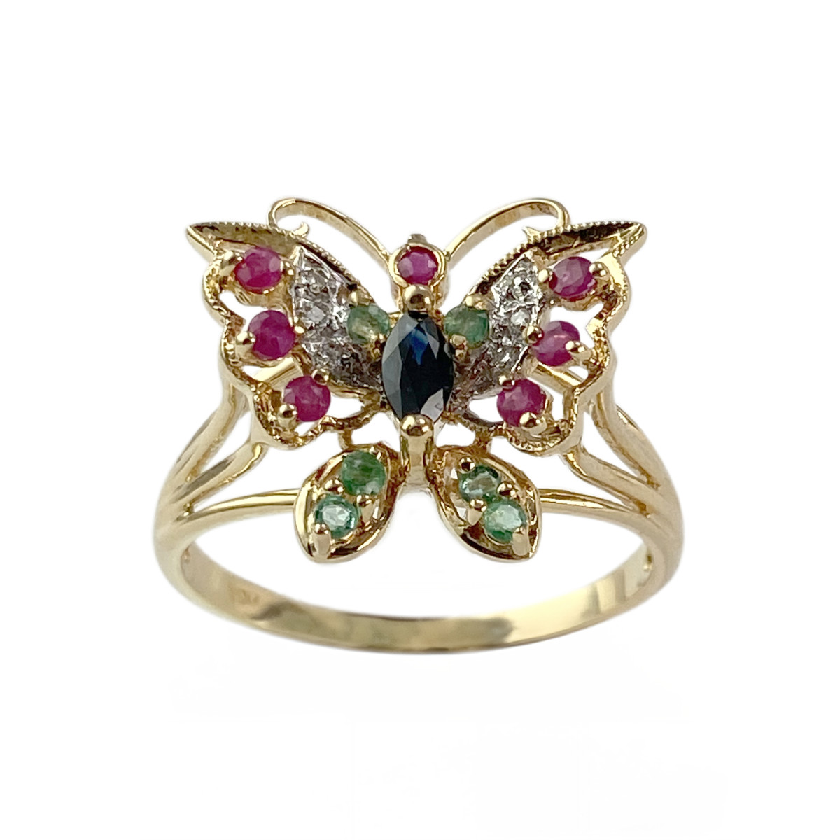 Bague d'occasion or 750 2 tons rubis saphir emeraude diamant