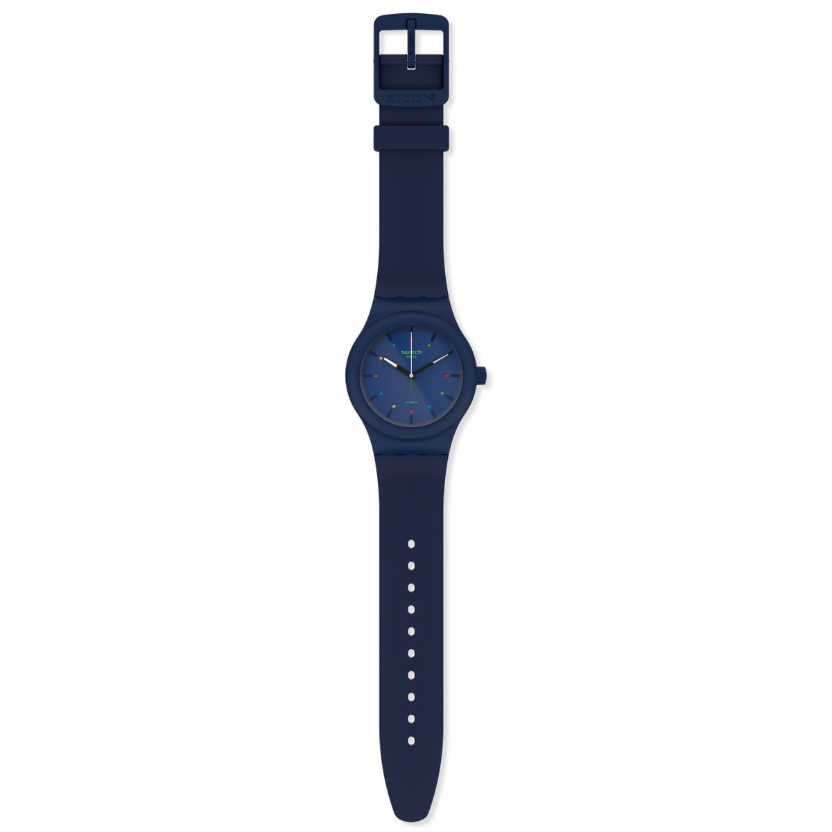 Montre Swatch mixte plastique et silicone bleu biosourcé - vue D1