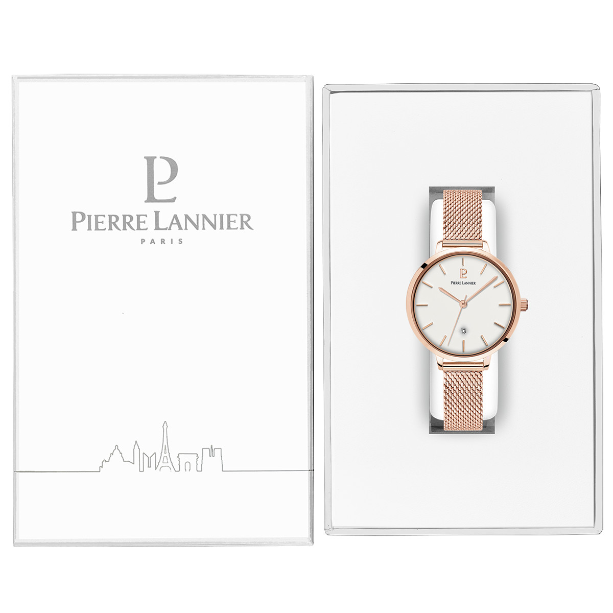 Montre Pierre Lannier femme acier doré rose bracelet maille milanaise - vue D2