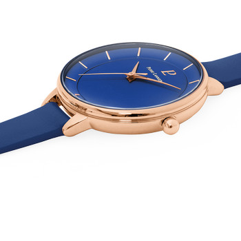 PIERRE LANNIER roségoudkleurig roestvrij stalen dameshorloge met blauwe leren band