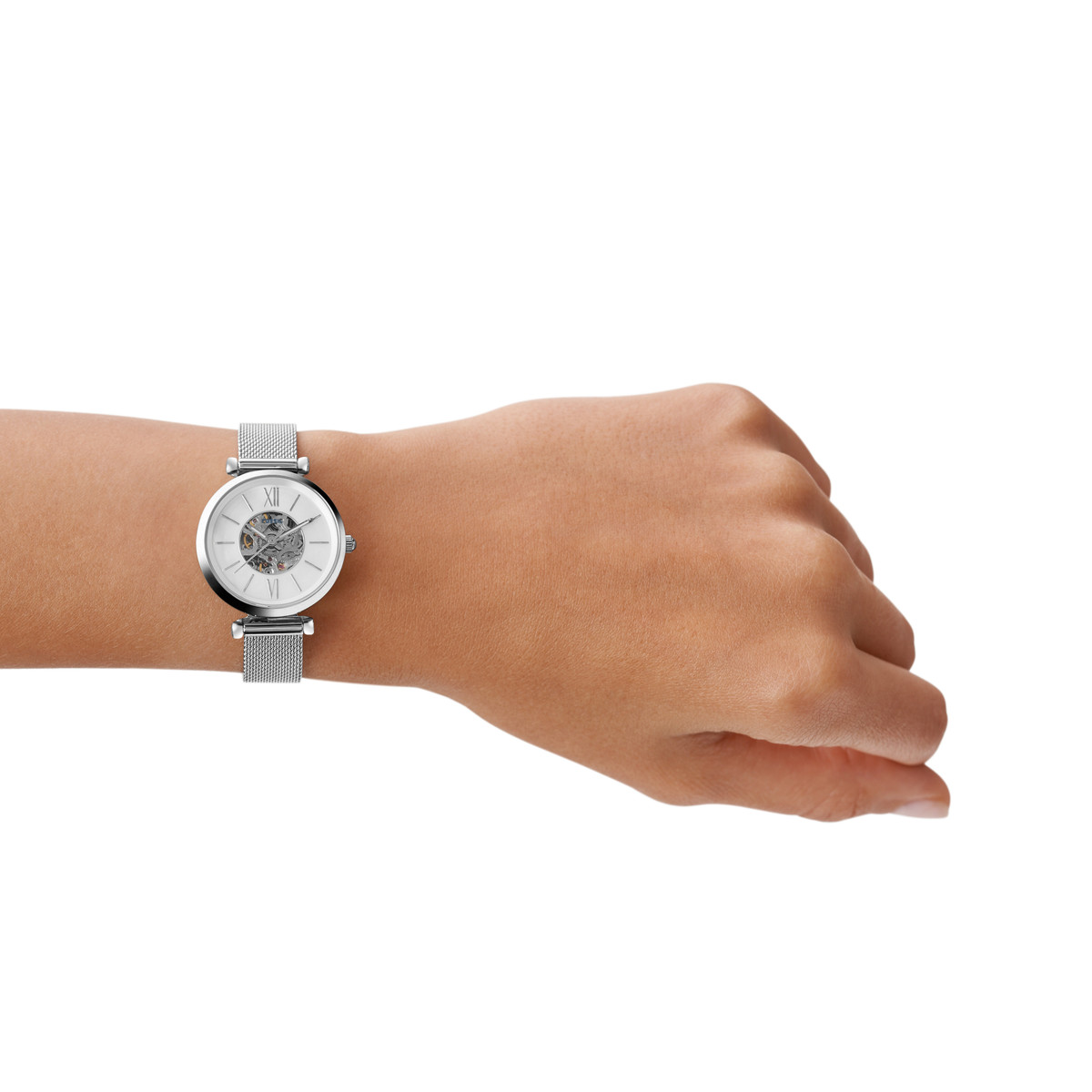 Montre FOSSIL femme automatique, bracelet acier inoxydable gris argent - vue porté 1