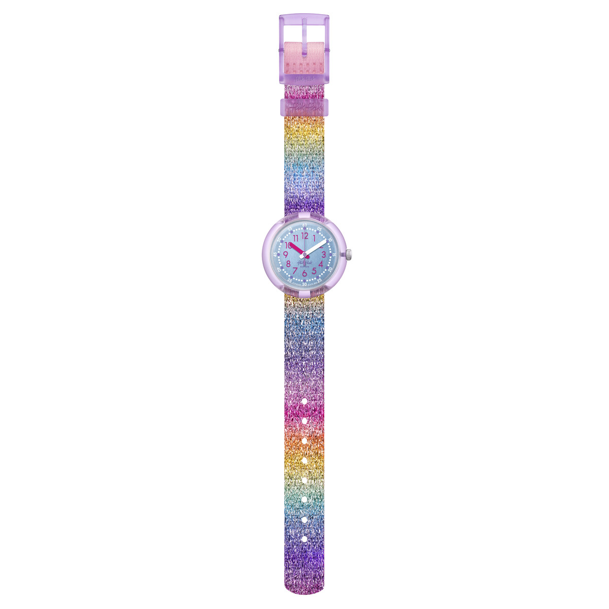Montre FLIK FLAK SHINE IN RAINBOW enfant bracelet tissu recyclé rose - vue D1