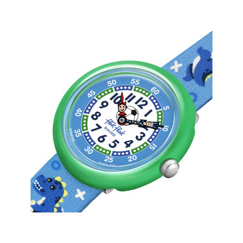Montre Flik Flak Move your body enfant plastique biosourcé turquoise bracelet tissu recyclé bleu dinosaure