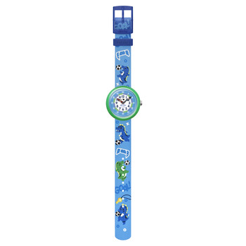 Montre Flik Flak Move your body enfant plastique biosourcé turquoise bracelet tissu recyclé bleu dinosaure