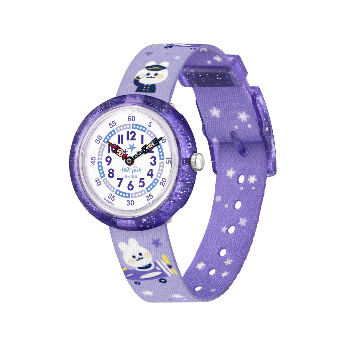 Montre FLIK FLAK Future dreams Chasing clouds enfant plastique biosourcé bracelet PET recyclé violet