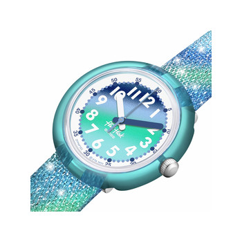 Montre Flik Flak Organized Chaos Frozen Rainbow enfant bracelet pet recycle bleu