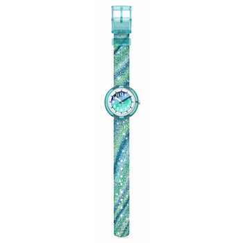 Montre Flik Flak Organized Chaos Frozen Rainbow enfant bracelet pet recycle bleu