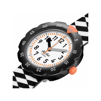 Montre Flik Flak Organized Chaos Race Flag enfant bracelet pet recyclé noir