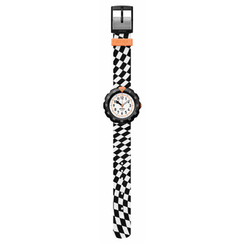Montre Flik Flak Organized Chaos Race Flag enfant bracelet pet recyclé noir