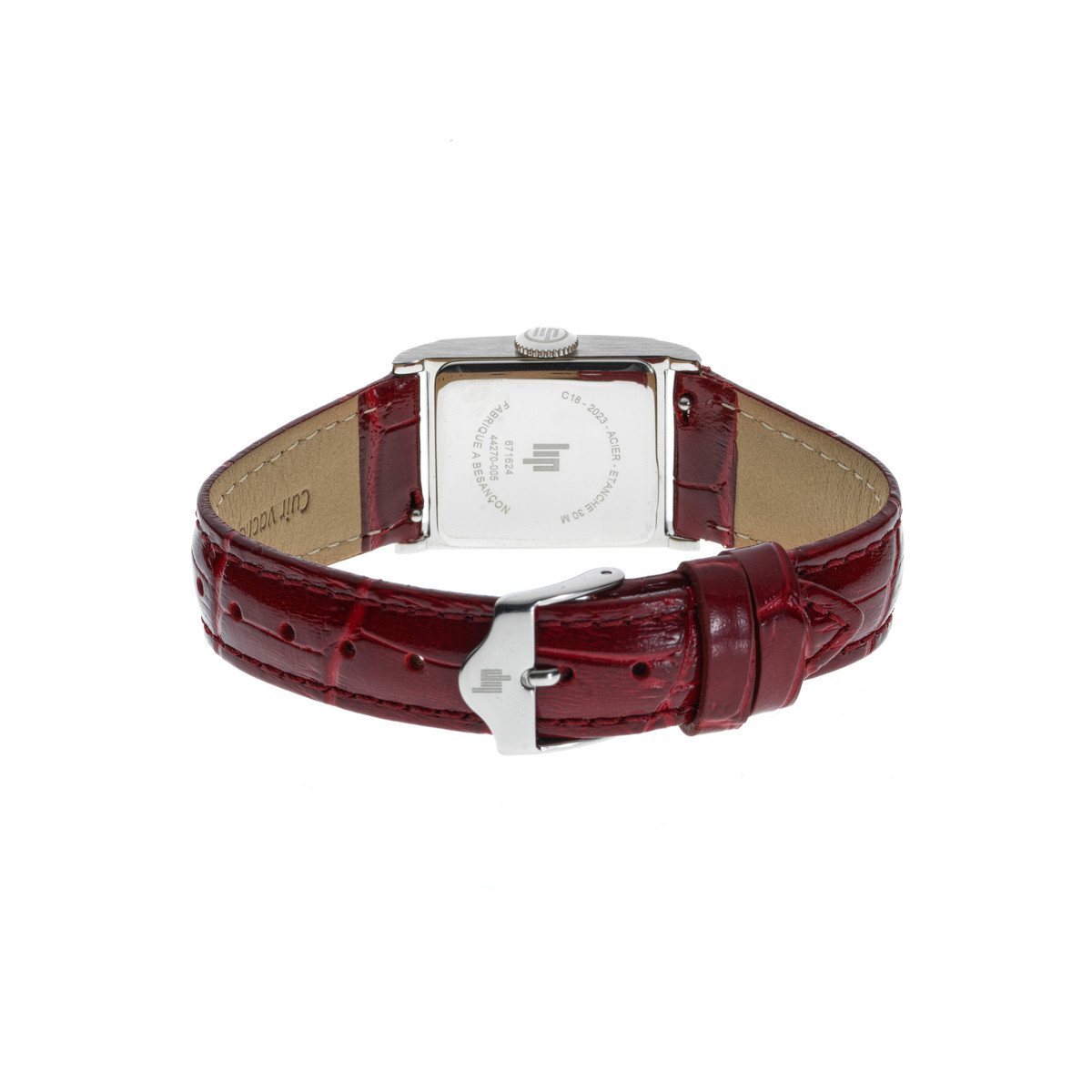 Montre LIP CHURCHILL C18 femme cadran gris bracelet cuir rouge boitier acier - vue 3