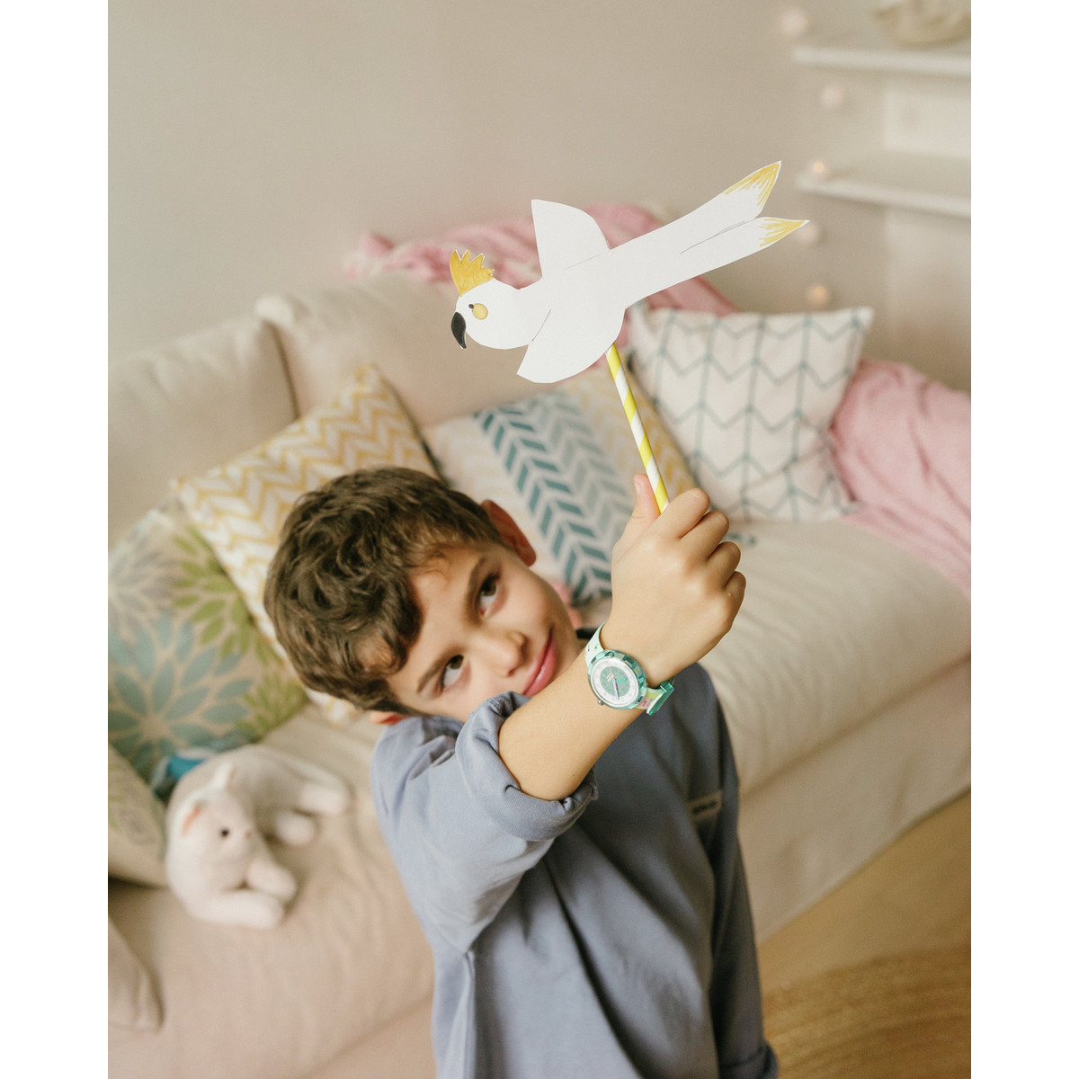 Montre FLIK FLAK HAPPY BUDGIES enfant bracelet pet recycle vert - vue porté 1