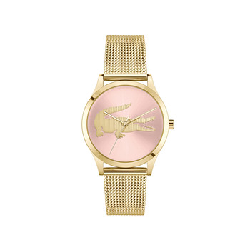 Montre LACOSTE crocodelle femme Acier doré jaune cadran rose bracelet maille milanaise