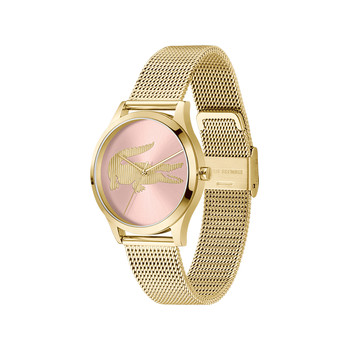 Montre LACOSTE crocodelle femme Acier doré jaune cadran rose bracelet maille milanaise