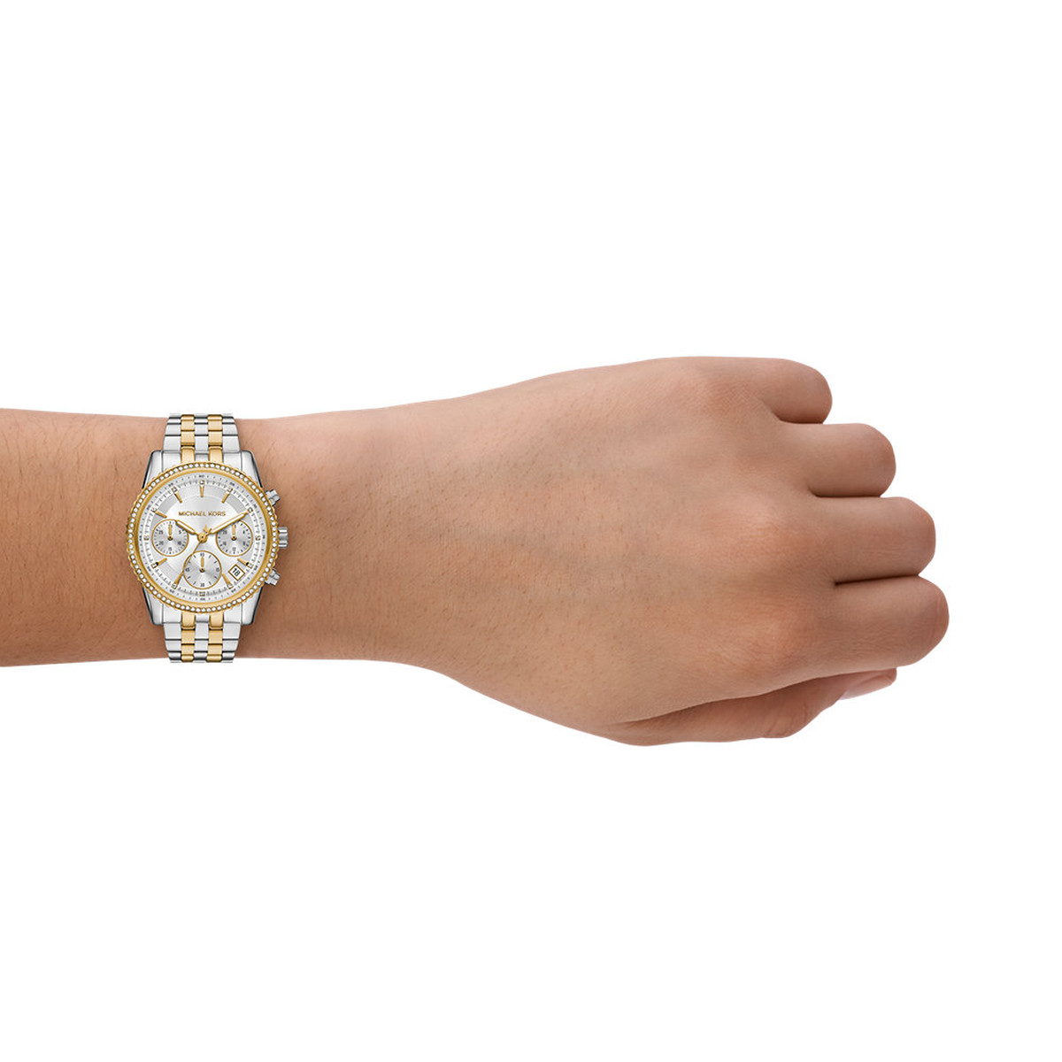 Montre MICHAEL KORS bryant femme bracelet acier inoxydable bicolore - vue porté 2
