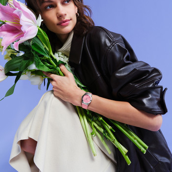 Montre SWATCH blossom time cadran rose femme bracelet cuir animal rose