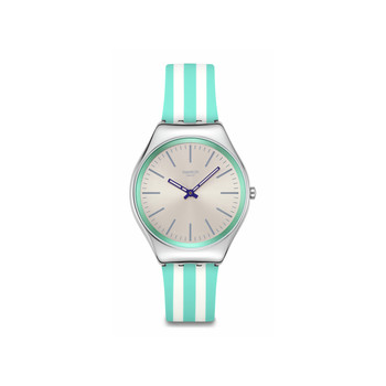 Montre SWATCH Essentials femme, boitier gris, cadran gris, bracelet silicone vert