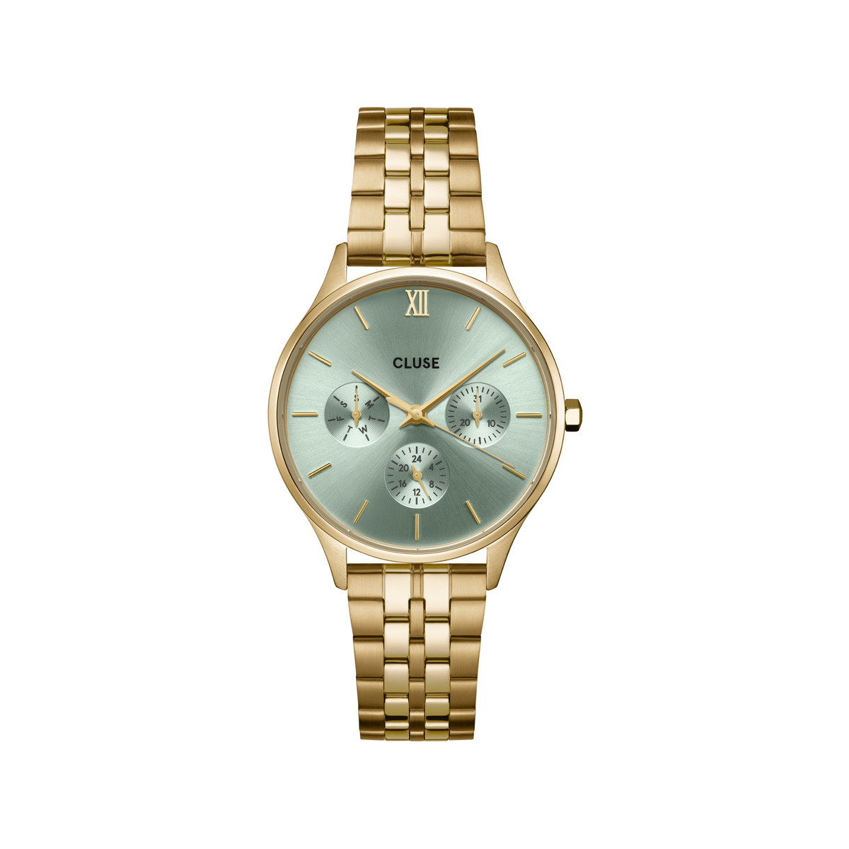 Montre CLUSE Minuit Multifunction femme cadran vert bracelet acier doré