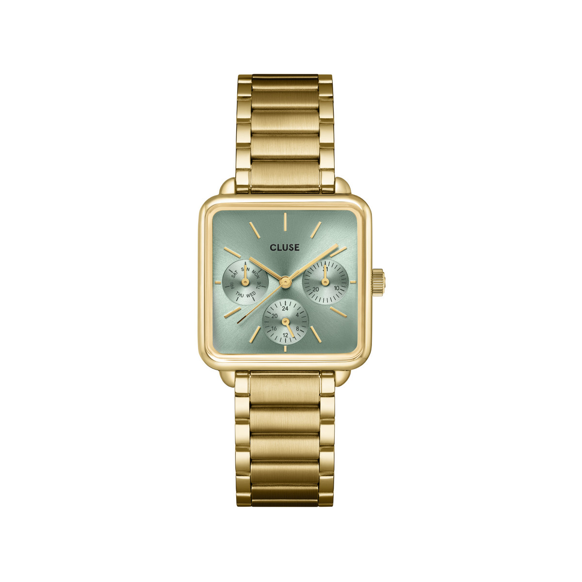 Montre CLUSE La Tétragone Multifunction femme cadran vert bracelet acier doré
