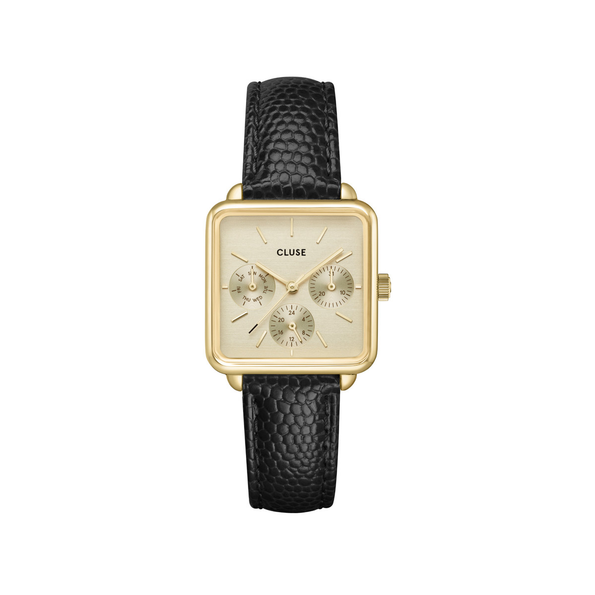 Montre CLUSE La Tétragone Multifunction femme cadran vert bracelet cuir noir