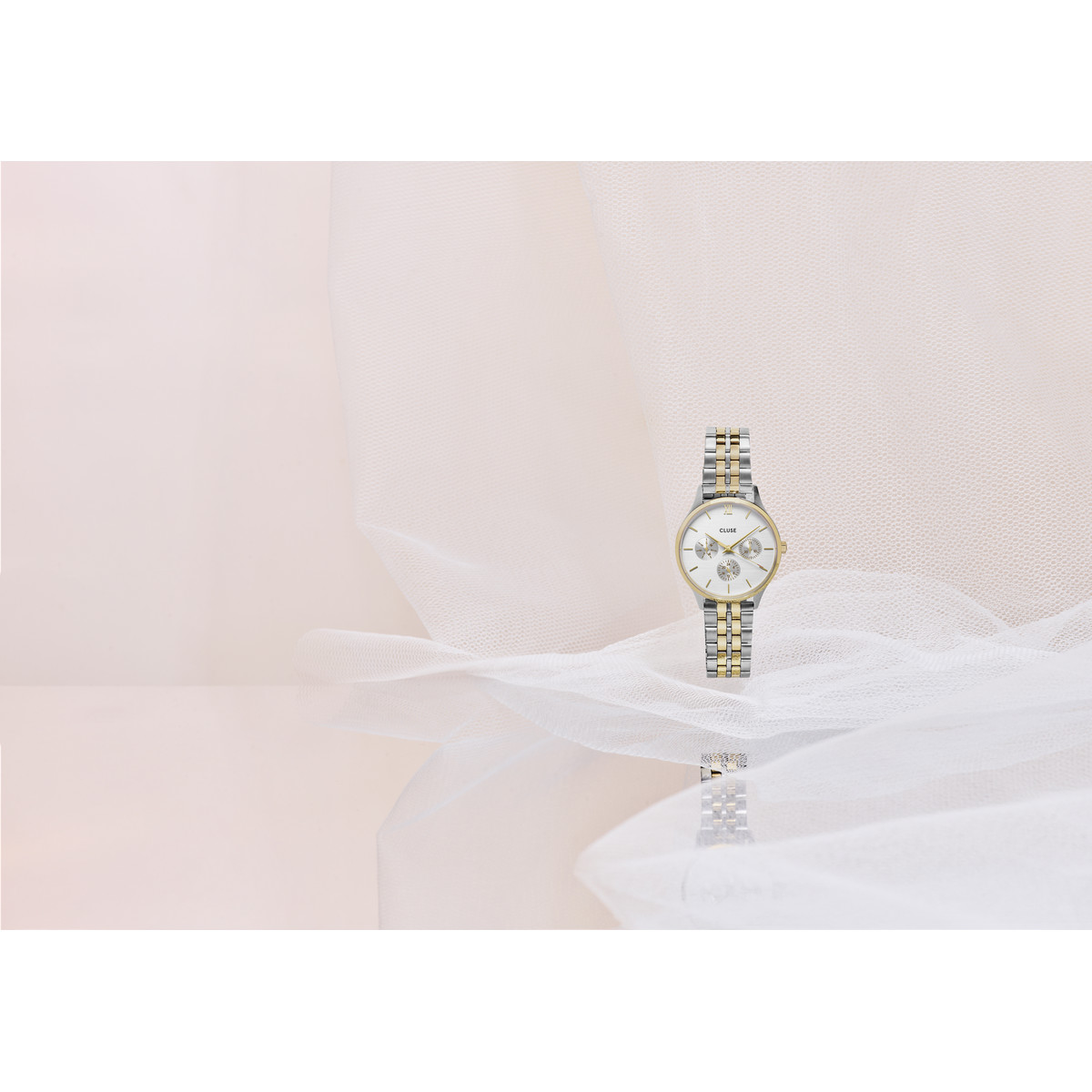 Montre CLUSE Minuit Multifunction femme cadran blanc bracelet acier bicolore - vue D1
