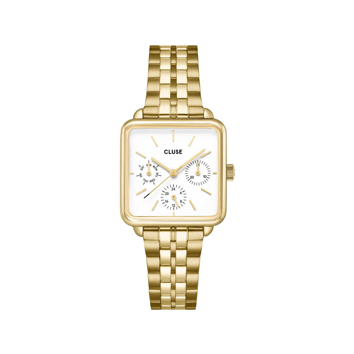 Montre CLUSE La Tétragone Multifunction femme cadran blanc bracelet acier doré