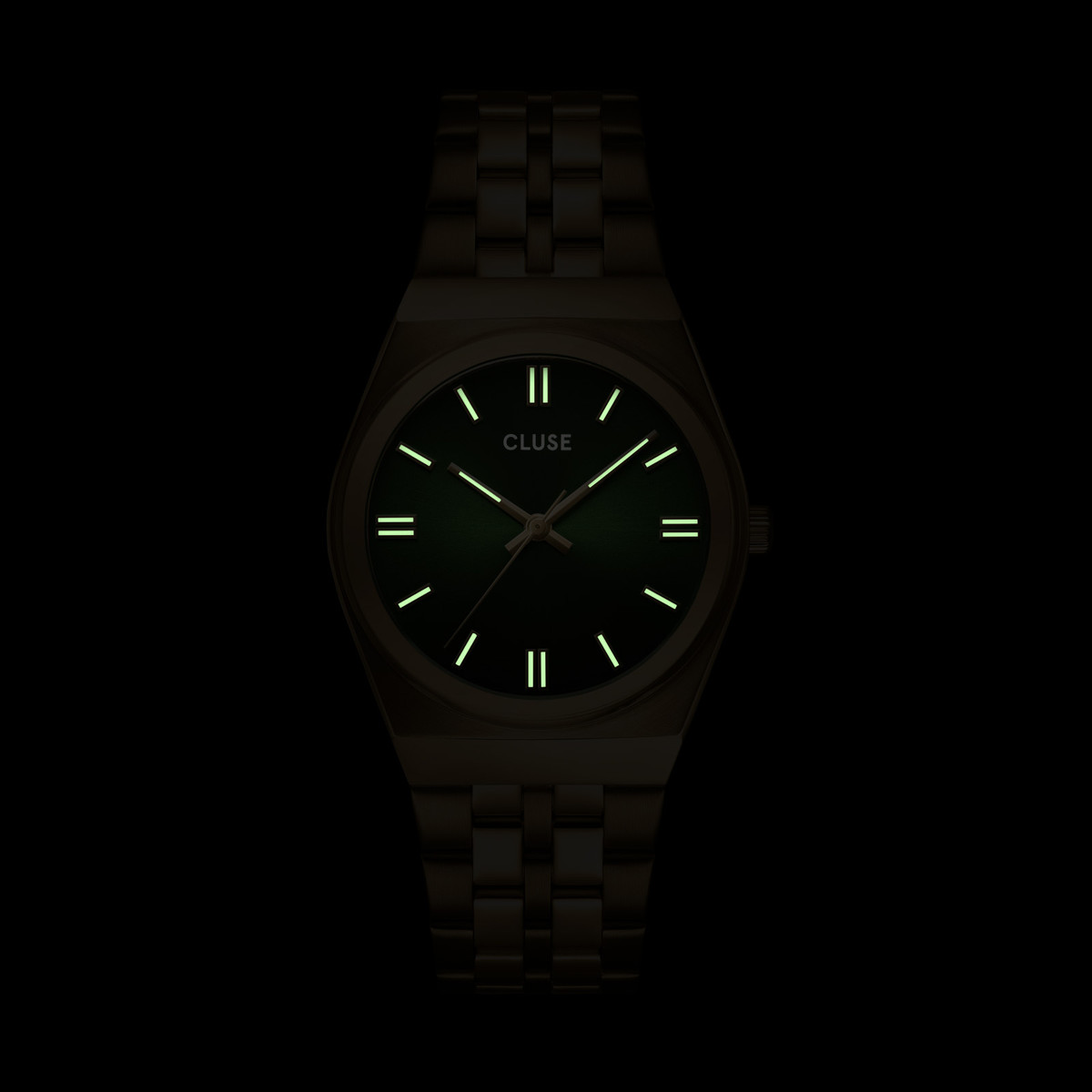 Montre CLUSE Retro 70's femme cadran vert bracelet acier doré - vue D1