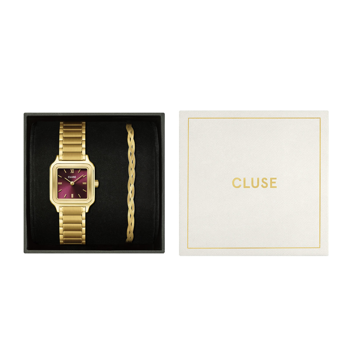 CLUSE BLACK FRIDAY 25 dameshorloge met rode wijzerplaat en gouden roestvrijstalen horlogeband - bekijk D1