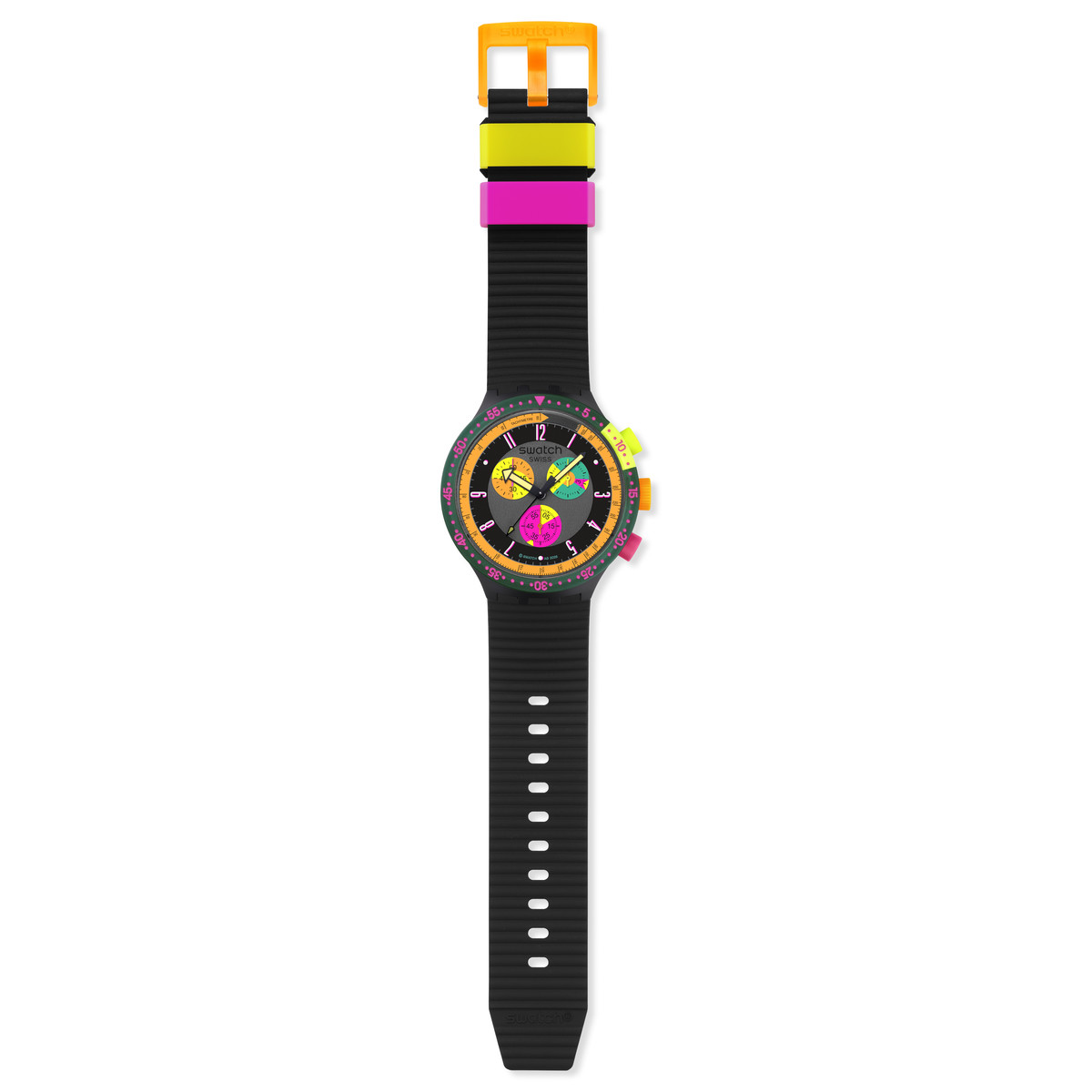 Montre SWATCH neon mixte bracelet silicone noir - vue D1