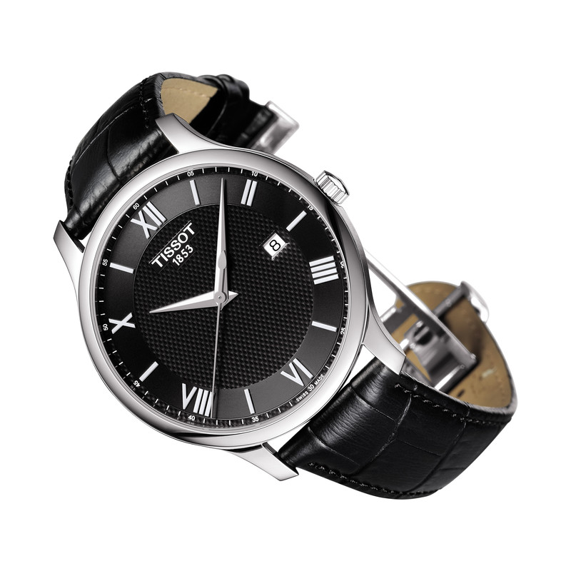 Montre TISSOT TRADITION homme cadran noir bracelet cuir noir boitier acier - vue 2