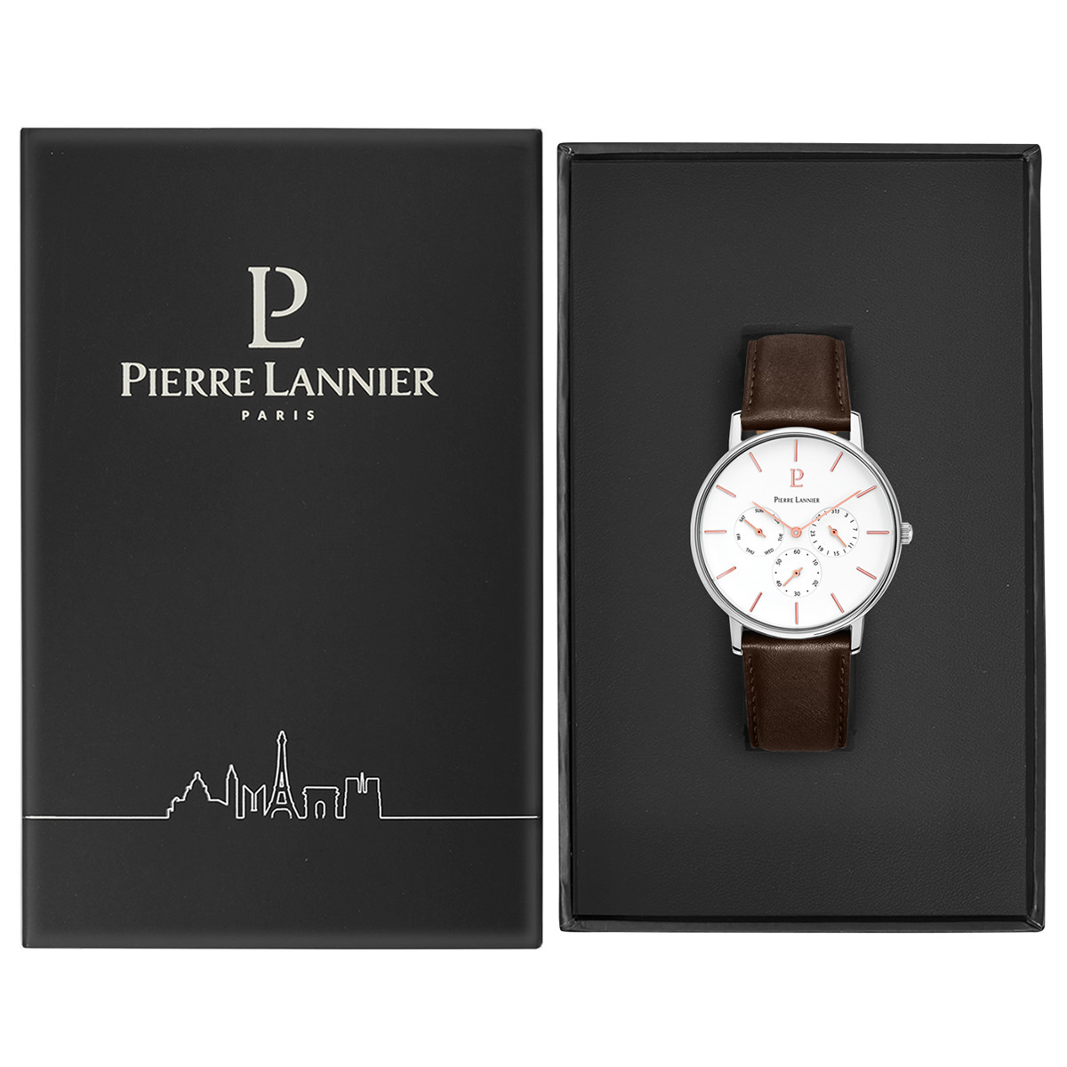 Montre Pierre Lannier homme acier cuir marron - vue D1