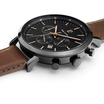 Pierre Lannier herenhorloge van zwart staal met bruine leren band