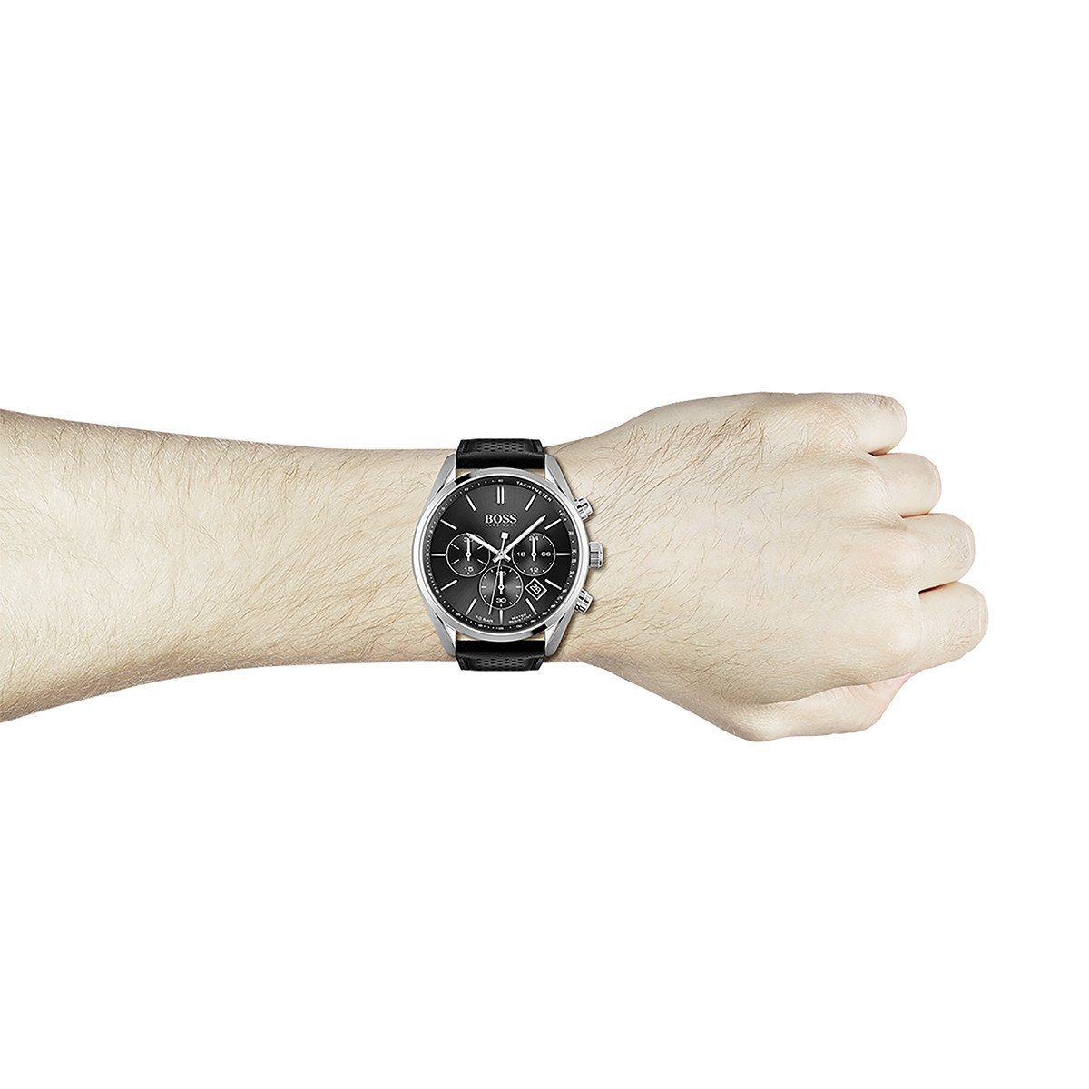 Montre Boss homme acier bracelet cuir noir - vue porté 1