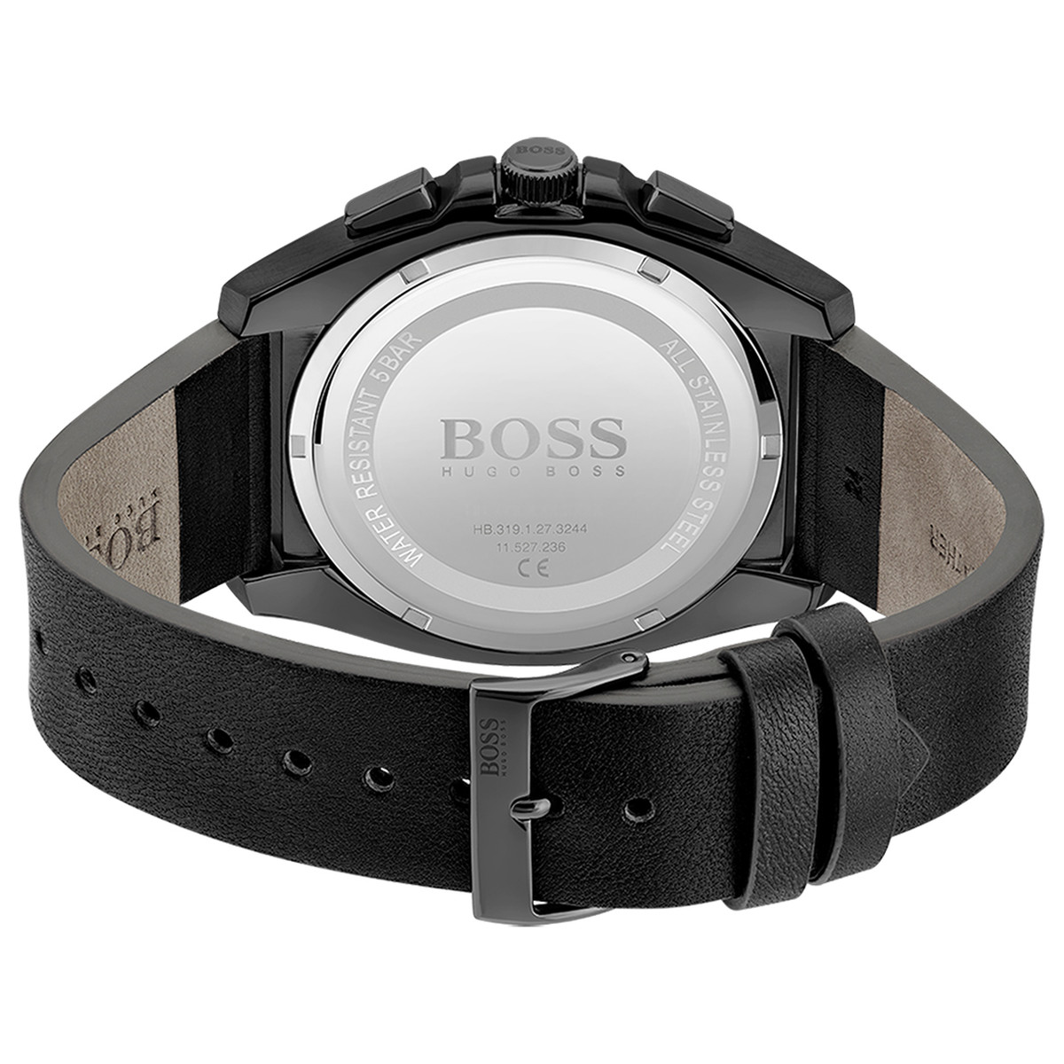Montre Boss homme chronographe acier bracelet cuir noir - vue 3