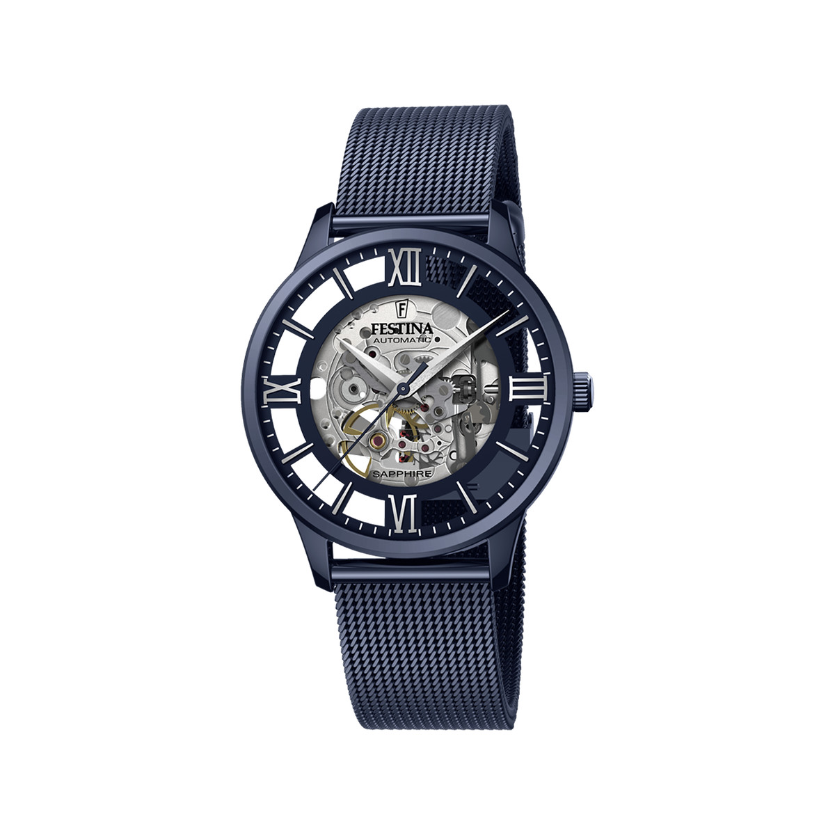 Montre Festina homme automatique acier  bleu cadran squelette bracelet acier bleu maille milanaise