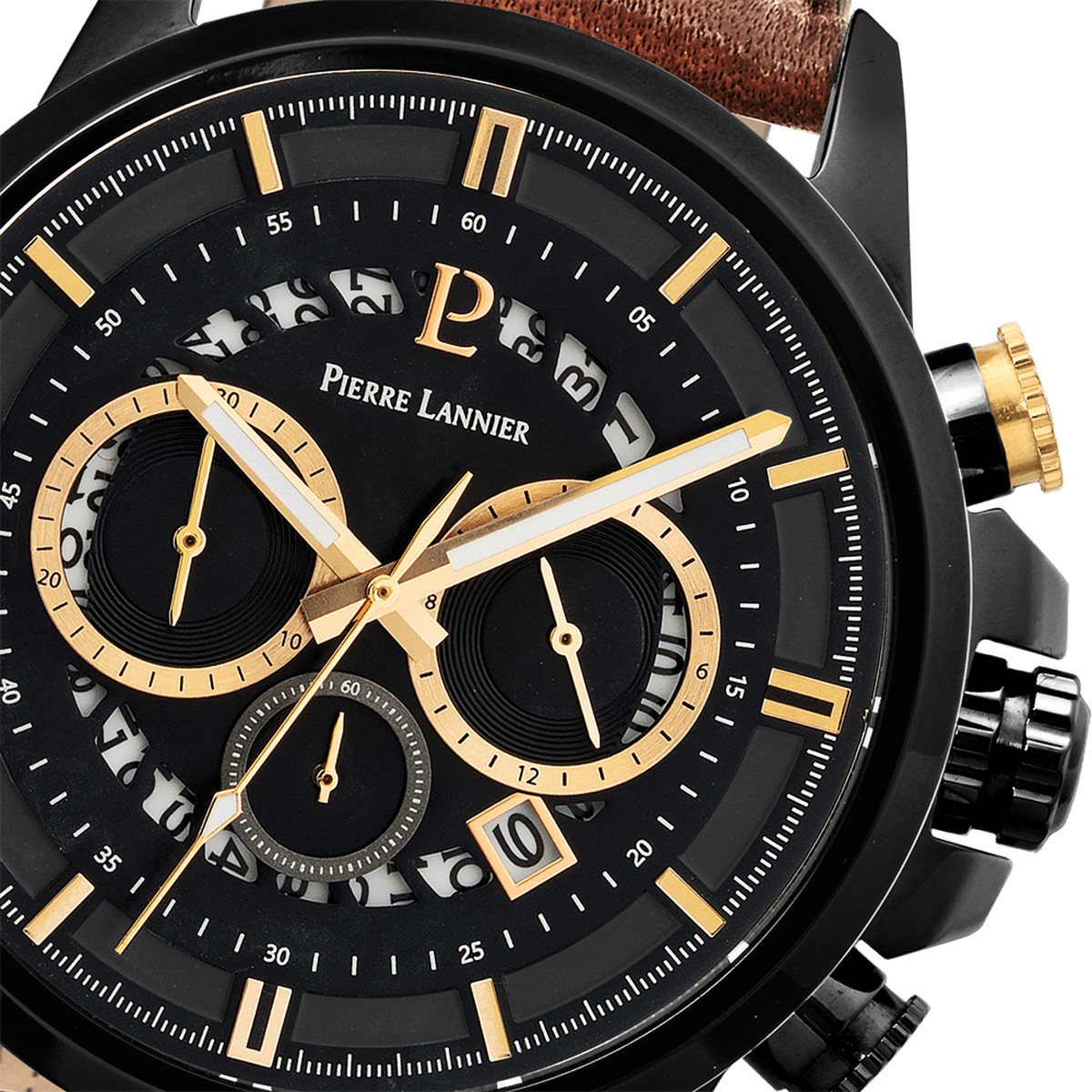Montre PIERRE LANNIER Sentinelle homme chronographe acier noir  bracelet cuir brun - vue D2