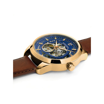 Montre PIERRE LANNIER automatic homme automatique acier doré bracelet cuir brun