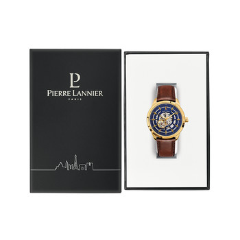 Montre PIERRE LANNIER automatic homme automatique acier doré bracelet cuir brun
